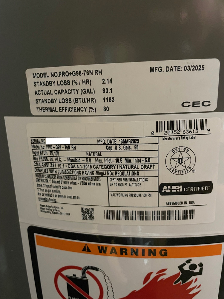 NEW Rheem 98 Gallon Classic Plus NG Residential Water Heater PRO+G98-76N RH