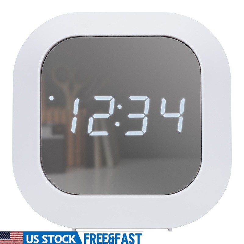 Digital Alarm Clock Mirrored LCD USB Snooze Brightness Control Battery Backup