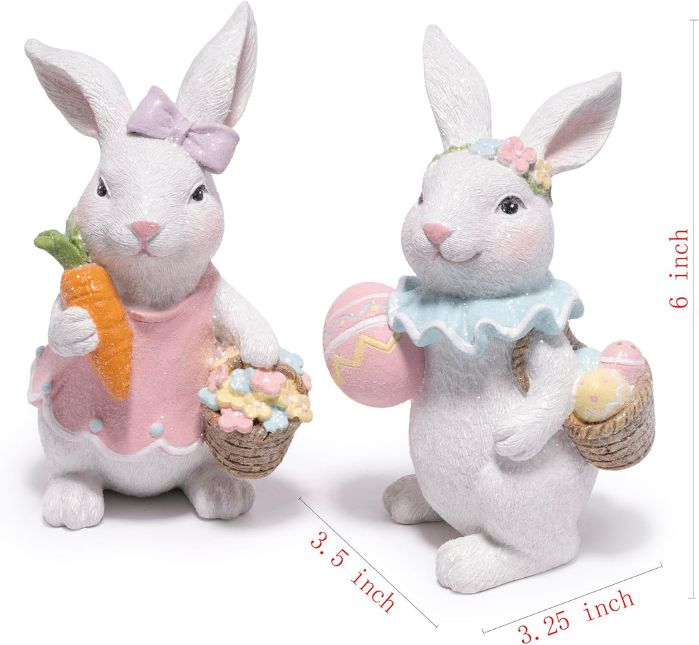 Easter Bunny Figurines Set, Spring Rabbit Decor with Easter Eggs Basket, Floral
