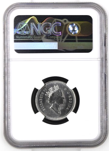 1991 Canada 25 Cents, NGC MS 65, KM 184, Mint Error, Reverse Struck Through