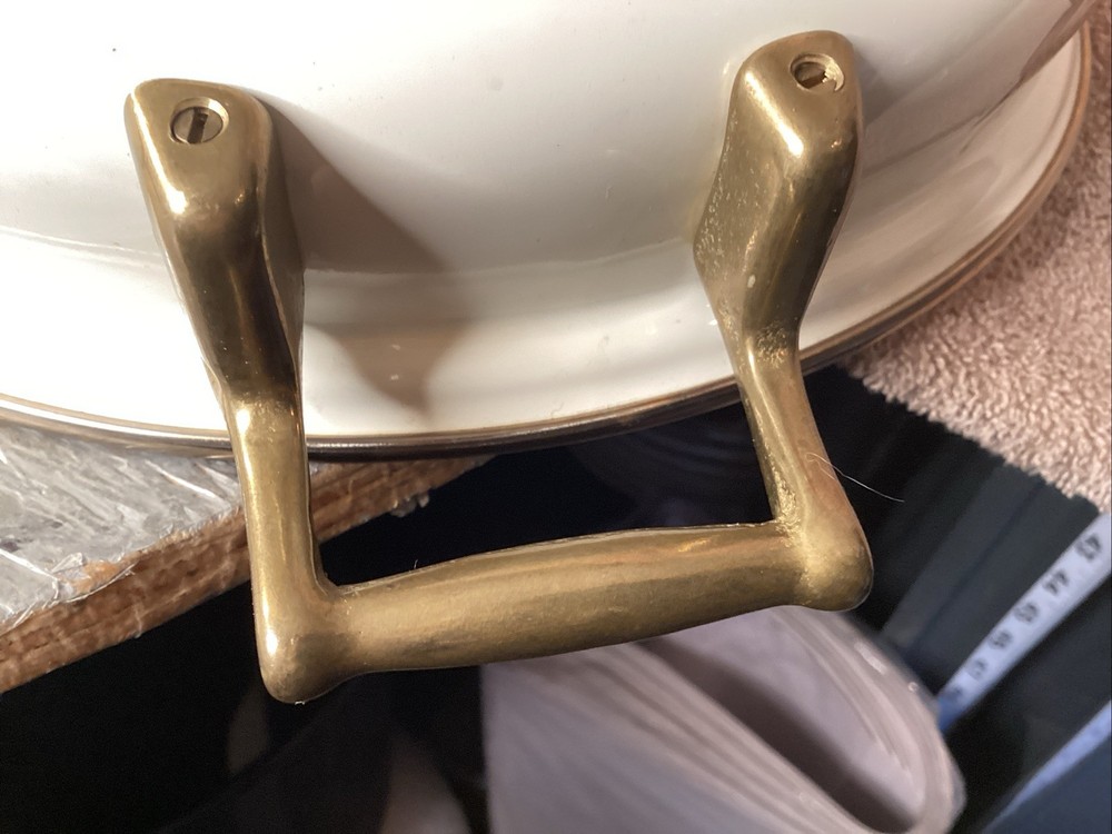 Cornucopia Lidded Serving Dish w/saucepan handles fruit pattern vintage