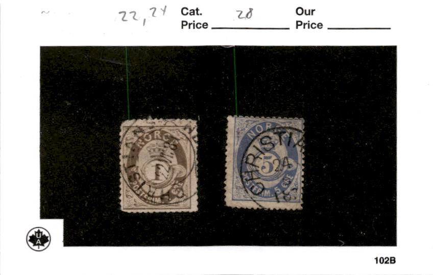 Norway, Postage Stamp, #22, 24 Used, 1877 Post Horn (AE)