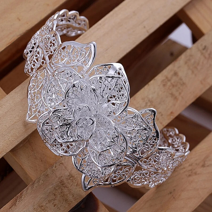 925 Sterling Silver Big Flower Open Cuff Bracelet Elegant Unique Bangle