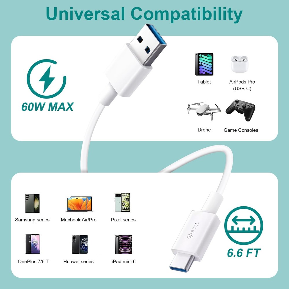 USB A to C Cable 6.6FT [2-Pack], 60W Fast Charging Type White A C