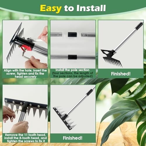 60" Long Handle Weed Puller Tool - 3-in-1 Heavy Duty Weeding Rake & 2 Heads for