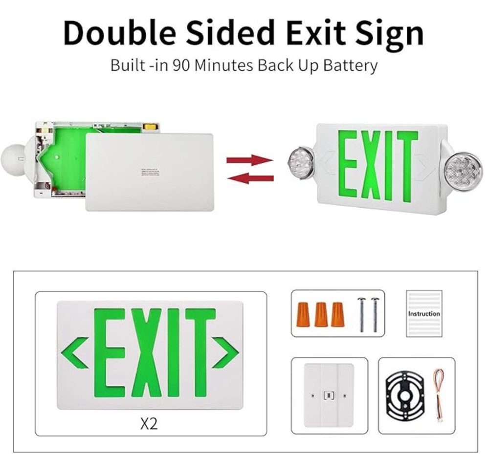 LED Green Exit Sign 2-Pack with Battery Backup, Emergency Combo Light, UL Listed