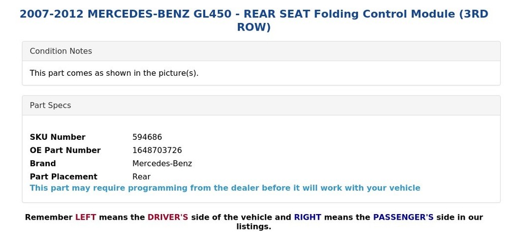 2007-2012 MERCEDES-BENZ GL450 - REAR SEAT Folding Control Module (3RD ROW)