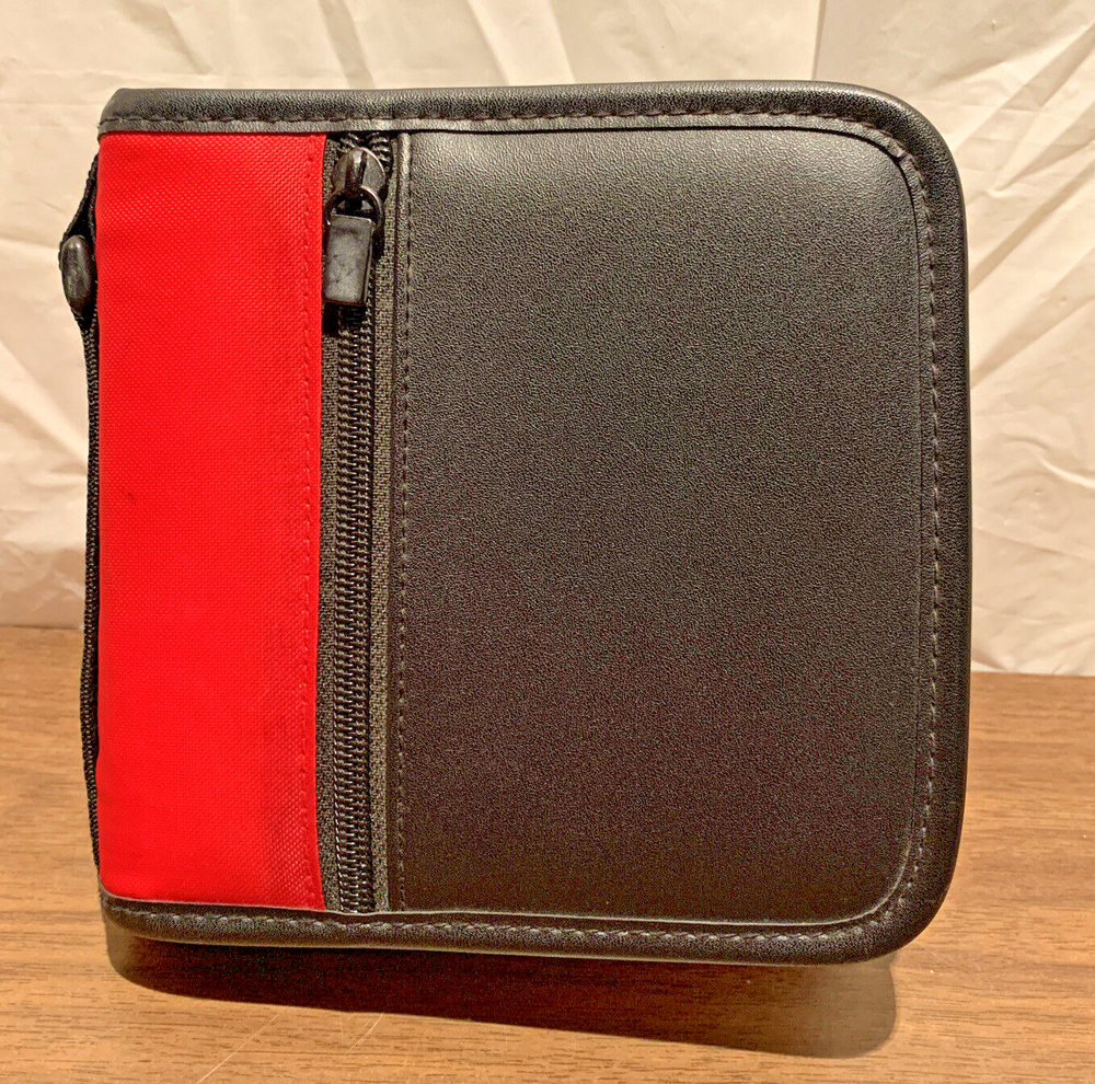 Zippered CD Wallet, Holds 24 CD/ DVD/Blue Ray, Black & Red W/ Handle