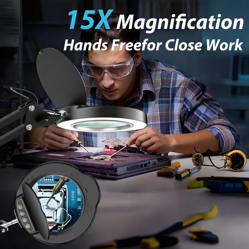 15X Magnifier Lamp with Protective Cover Adjustable LED Light for Precision Work