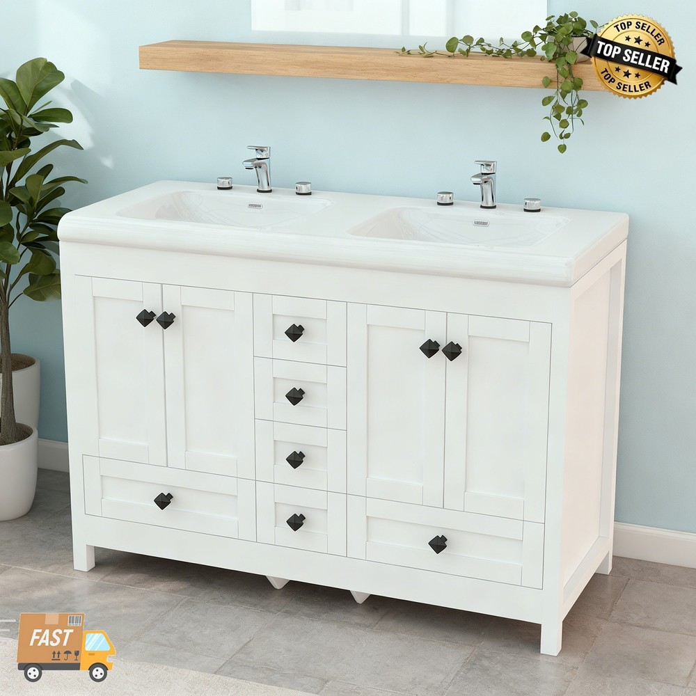 47 Inch White Modern Bathroom Vanity Double Ceramic Sinks Freestanding 5 Drawers