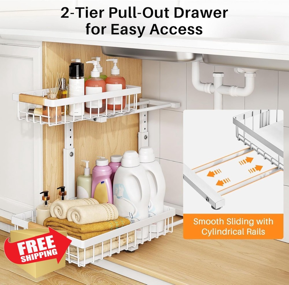 PXRACK 2 Pack White Under Sink Organizer Pull Out Metal Large
