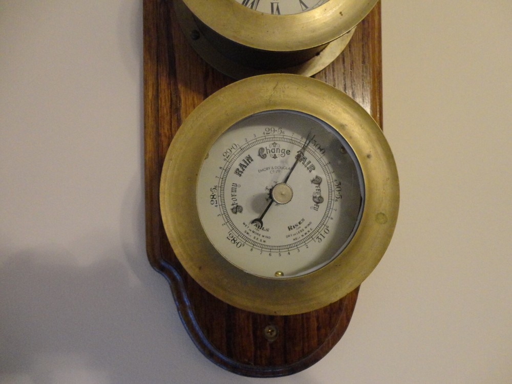 Brass Barometer & Ship's Clock on Wood Emory & Douglas Co.