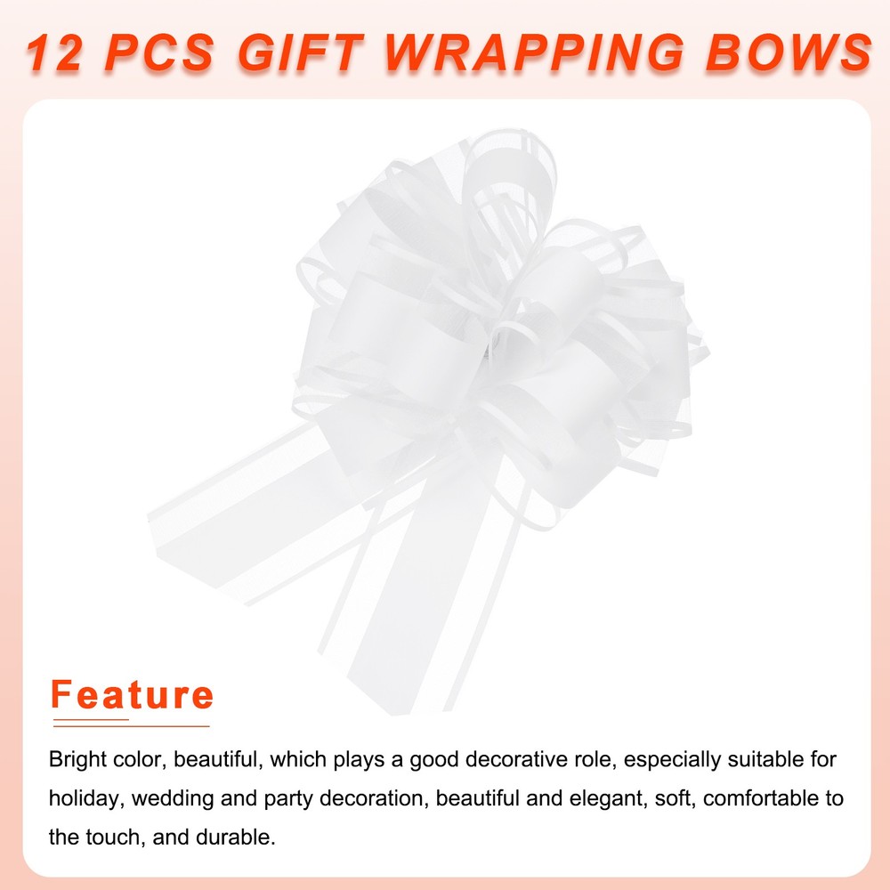12pcs 6 Inch Large Big Pull Bow Gift Wrapping Ribbon for Presents, White