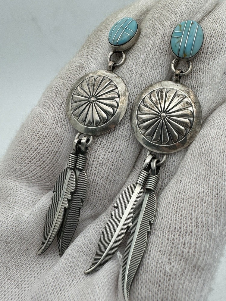 Native American Sterling Silver Turquoise Leaf Dangle Earrings