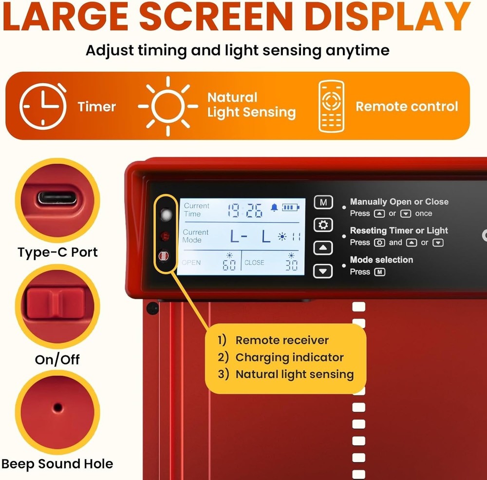 Solar Powered Automatic Chicken Coop Door with Timer/Light Sensor Modes - Red