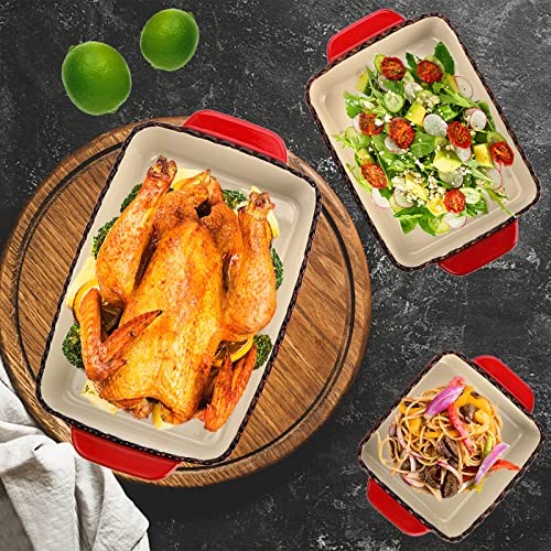 3 Pack Ceramic Bakeware Set, Porcelain Rectangular Baking Dish Lasagna Red