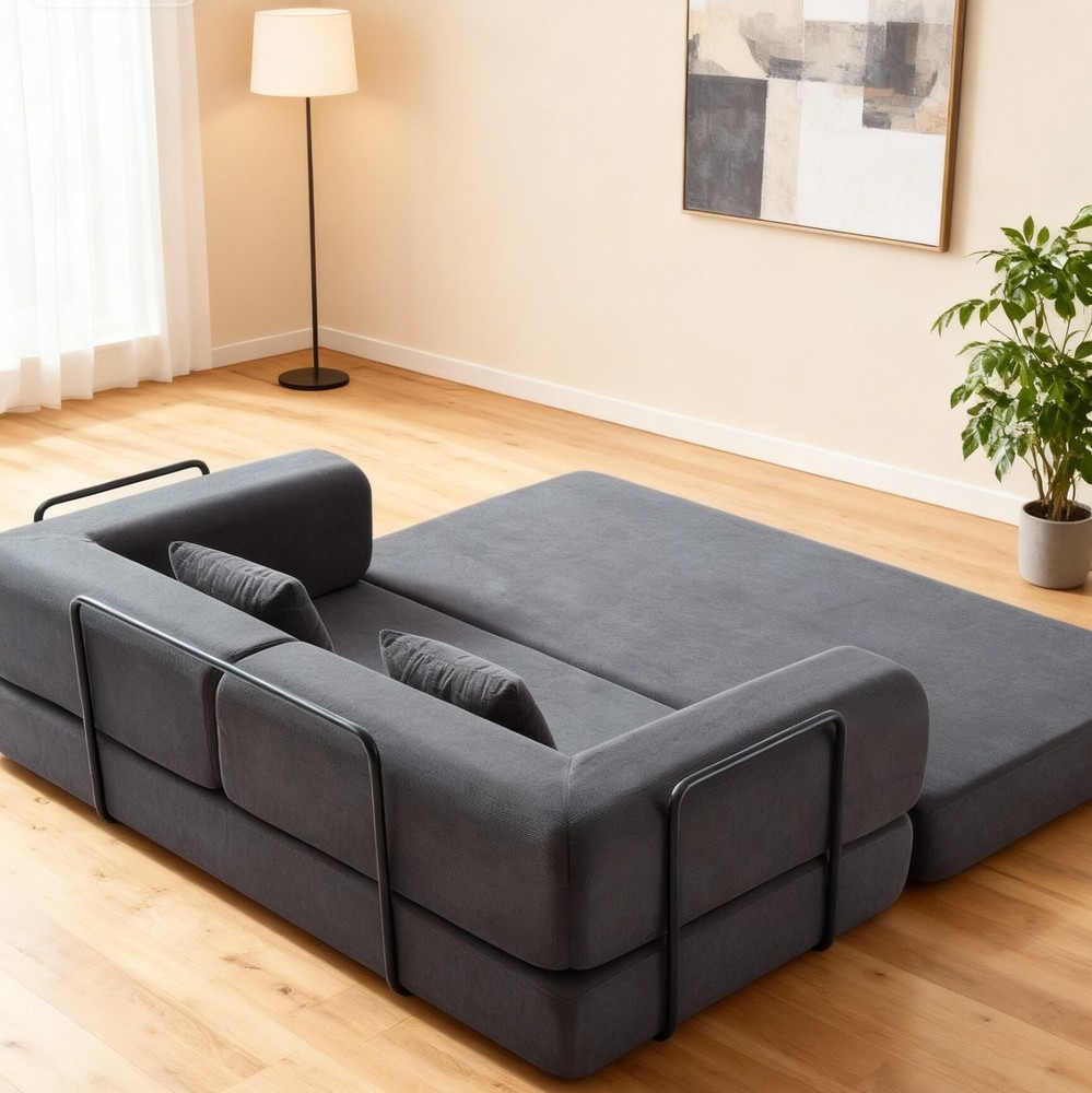Convertible Sleeper Sofa Bed with Corduroy Mattress & Pillow, Fixed Frame, Grey