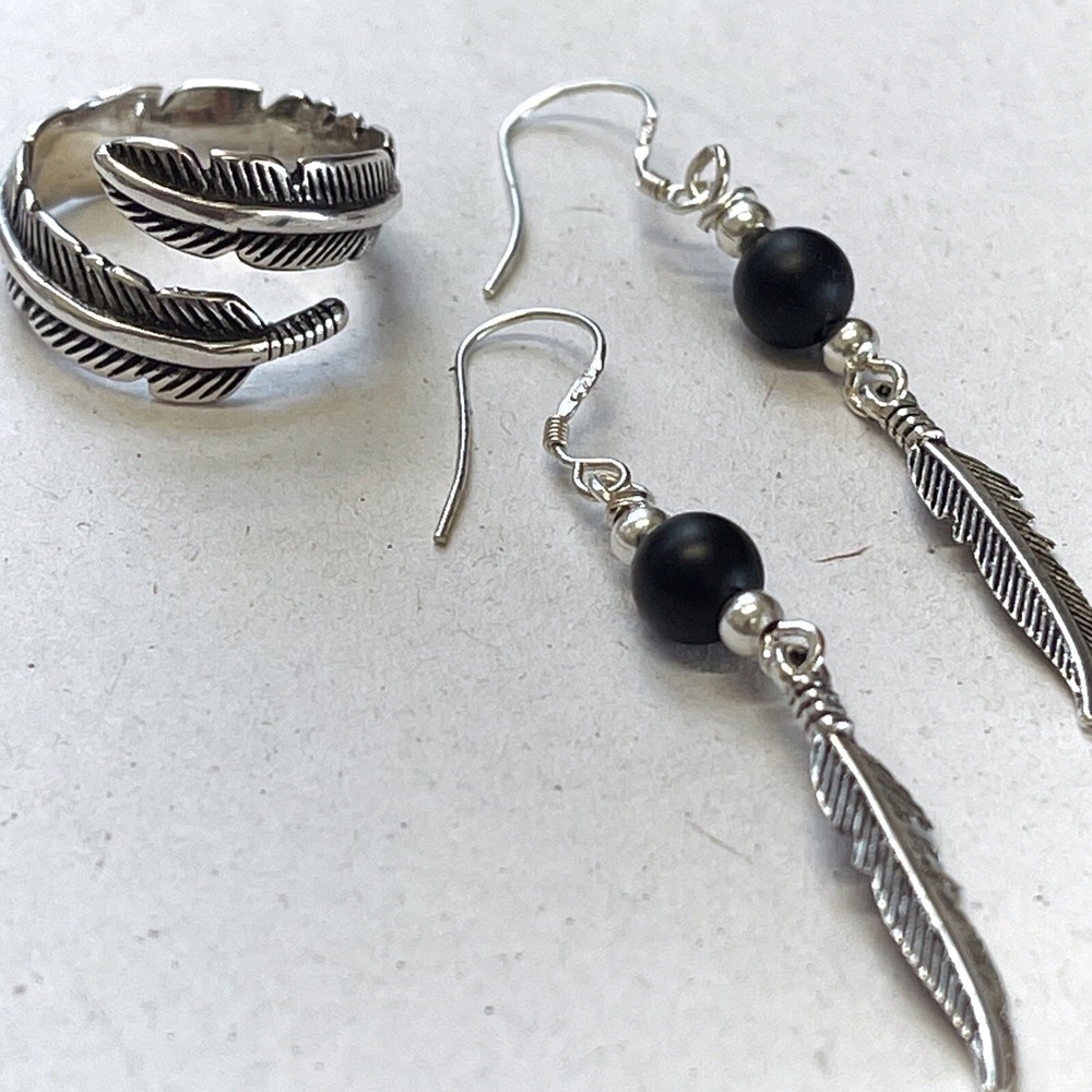 black onyx feather earrings