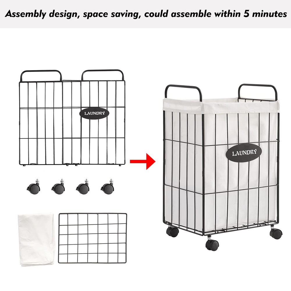 Mxfurhawa Iron Wire Laundry Hamper With Rolling Lockable Wheels, Folding Laun
