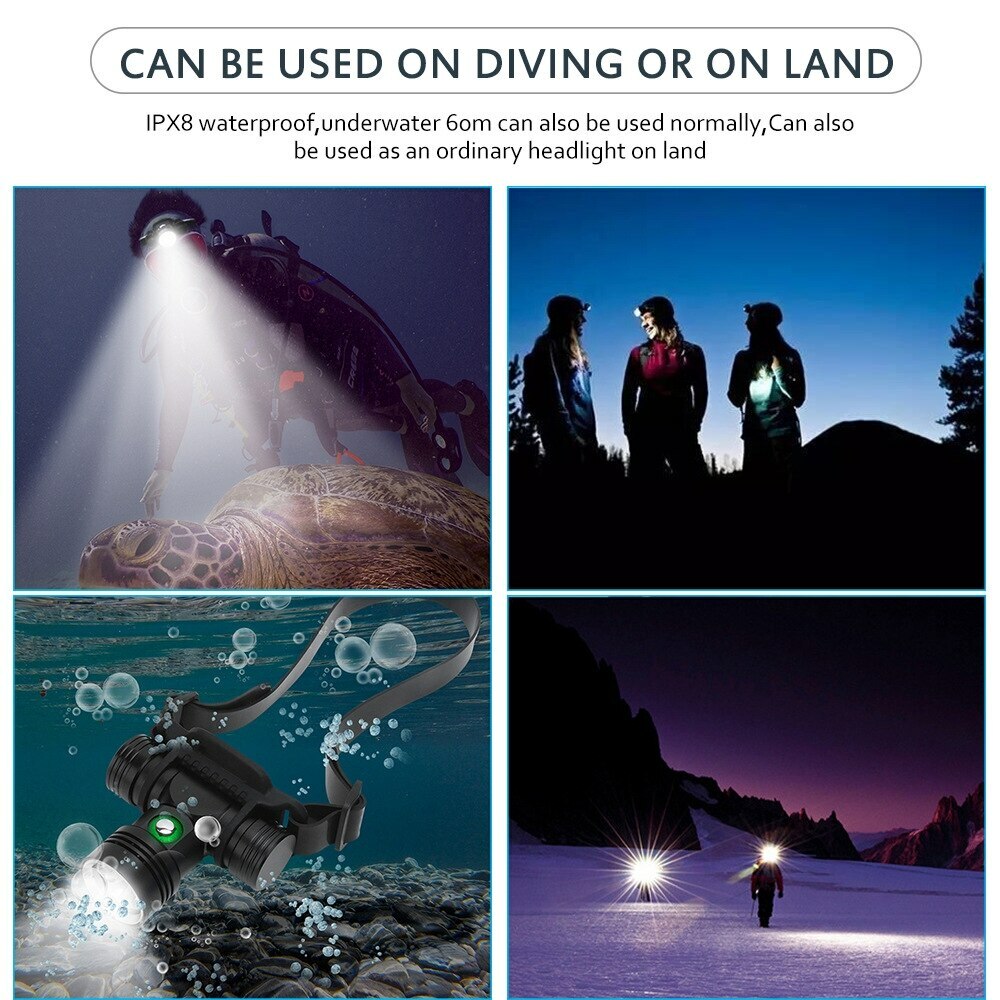 LED Diving Headlamp Underwater Headlight Scuba Head Flashlight Torch IPX8