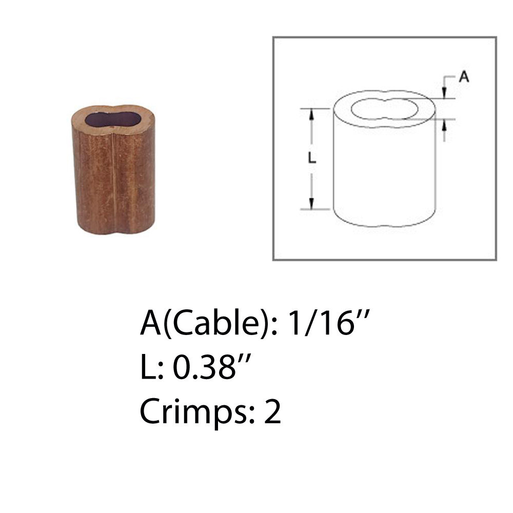1/16" Copper Crimping Loop Sleeve Wire Rope Sleeves Double Barrel Ferrule 2 Pc