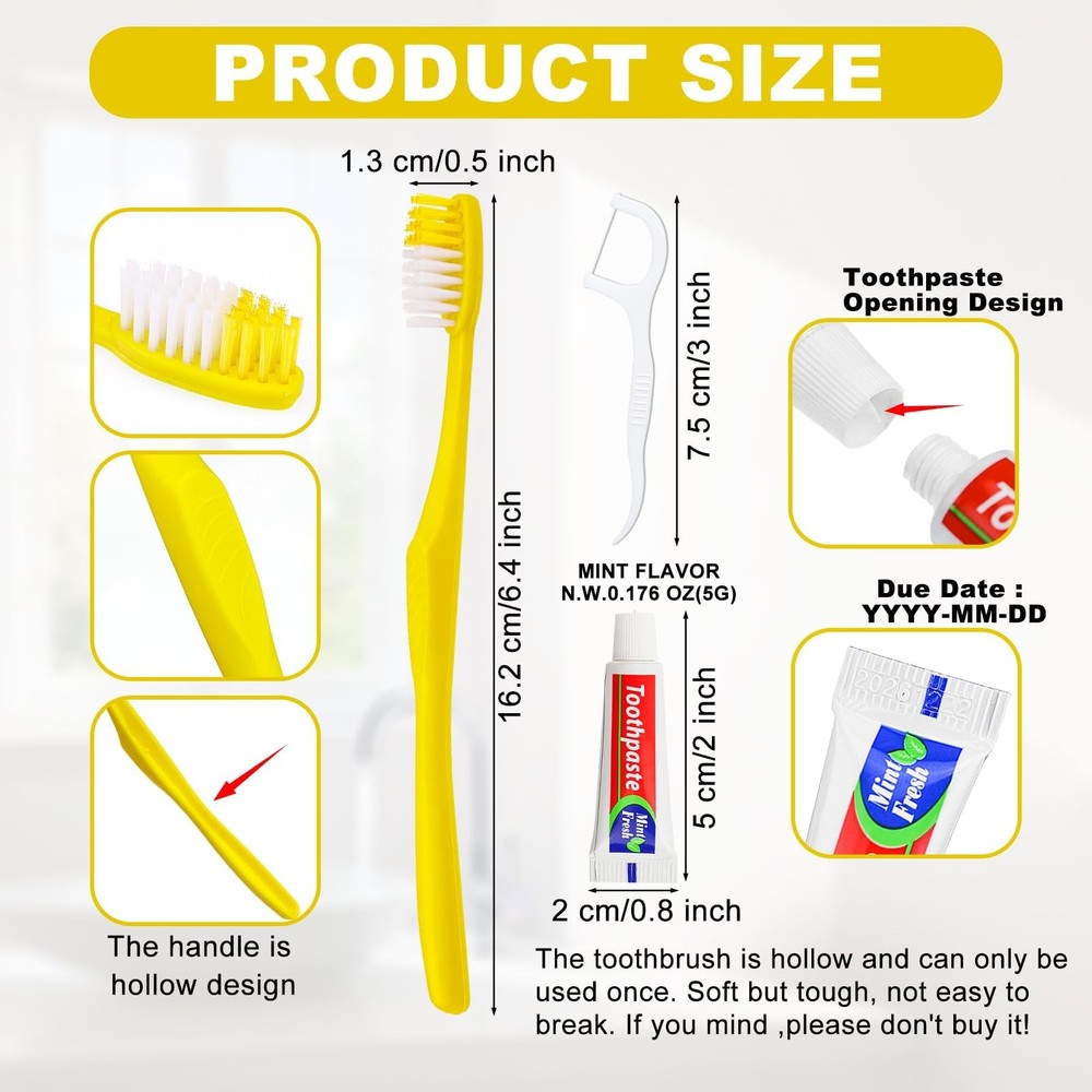 100pcs Disposable Toothbrushes with Toothpaste and Floss,Yellow Bulk Single U...