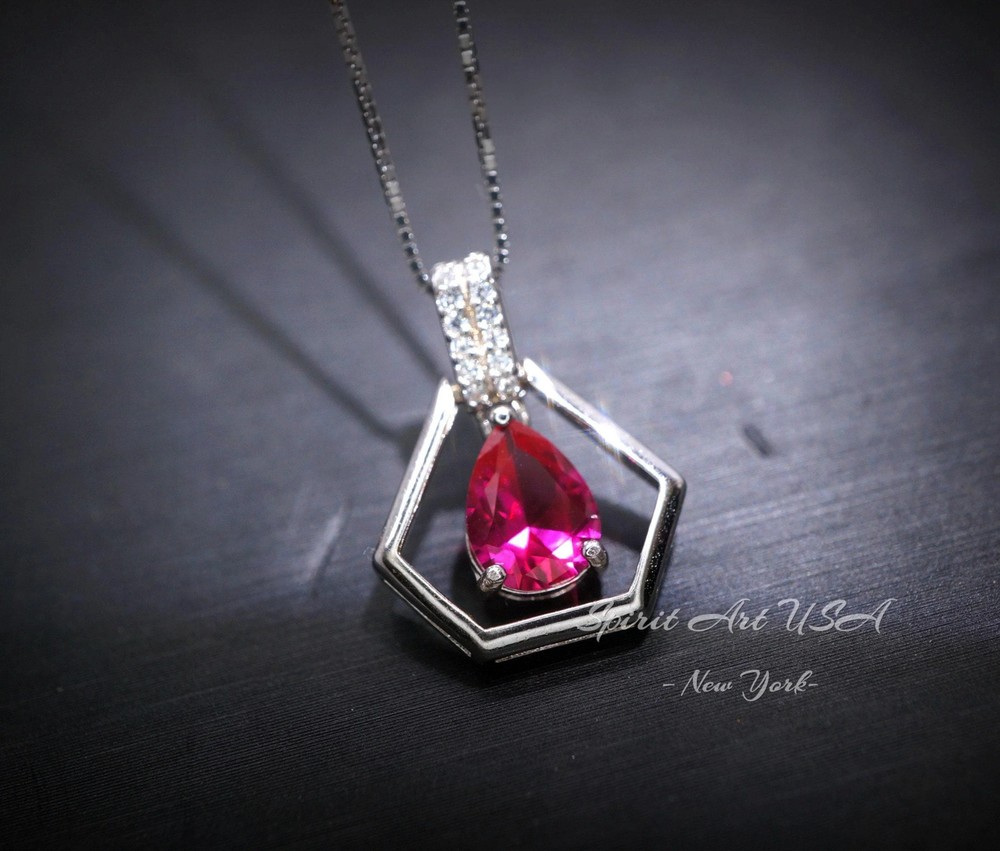 Geometric Red Ruby Necklace - Sterling Silver Triangle Diamond Teardrop Ruby