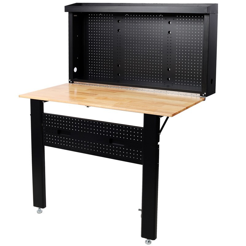 Foldable Steel Wall Mounted Workbench Rubberwood Work Surface for Tool Storage