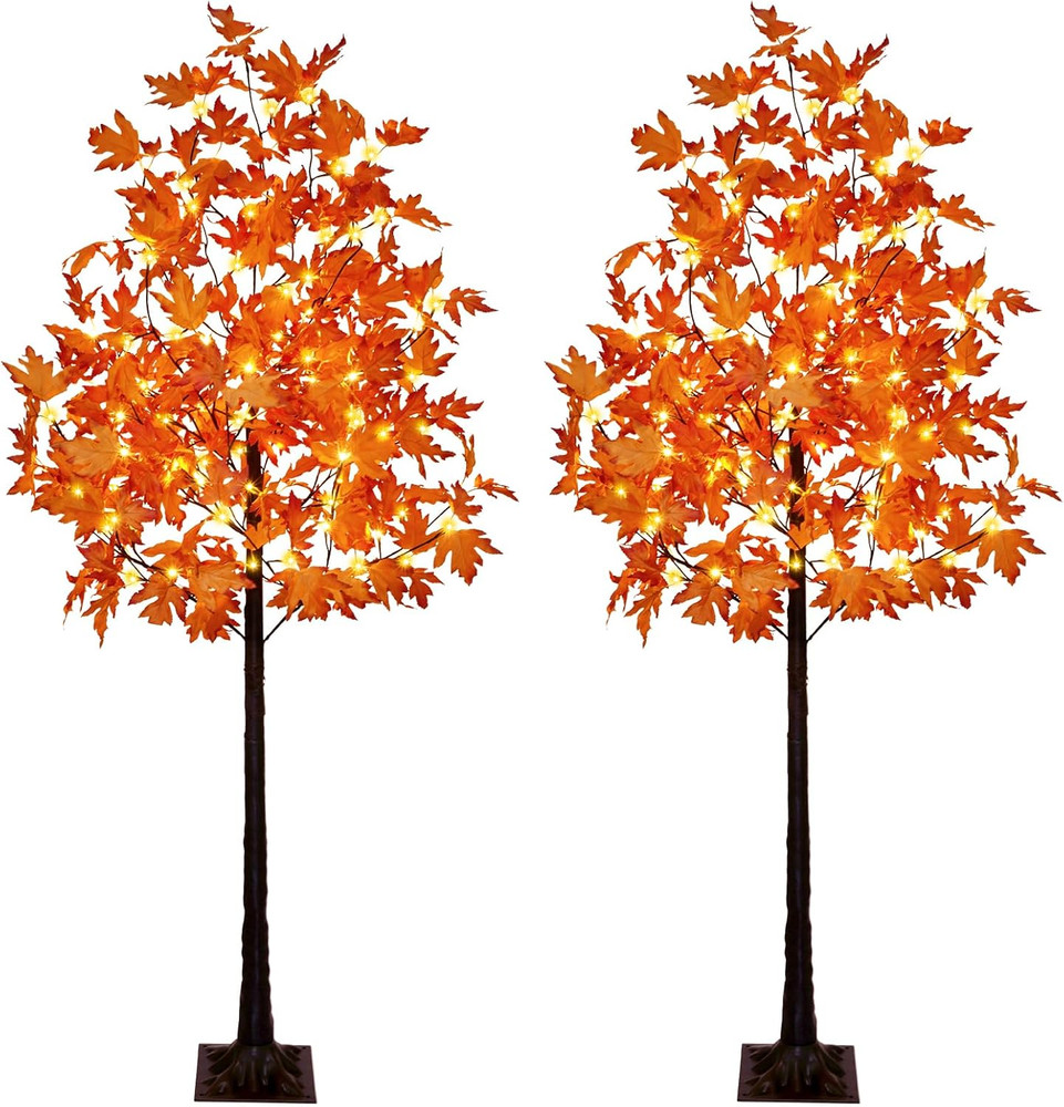 Set of 2 6FT 120LED Artificial Lighted Maple Tree Warm White Fall Decorations In