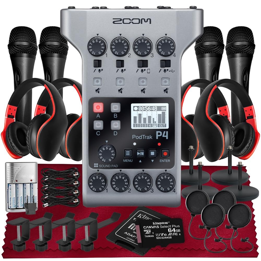Zoom PodTrak P4 Portable Multitrack Podcast Recorder, Audio Interface w/ 4 Mi...