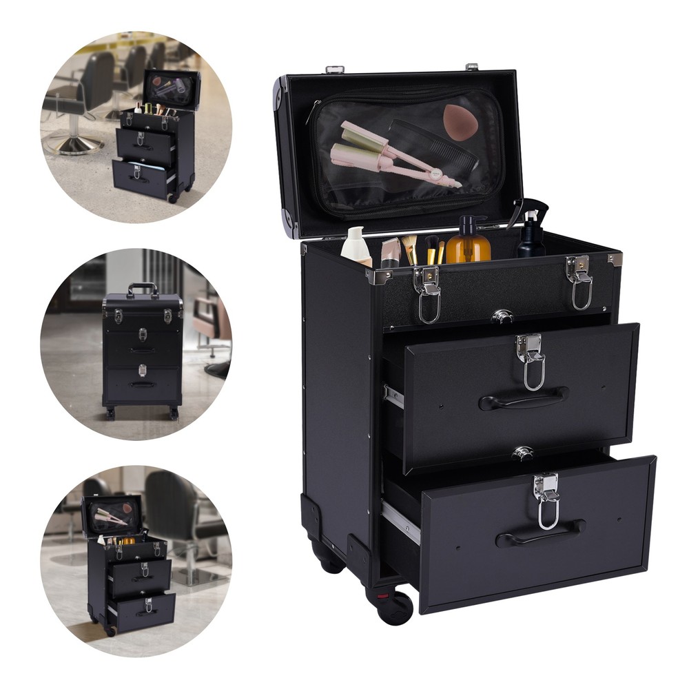Makeup Train Case Professional Aluminum Rolling Cosmetic Trolley Makeup Storage