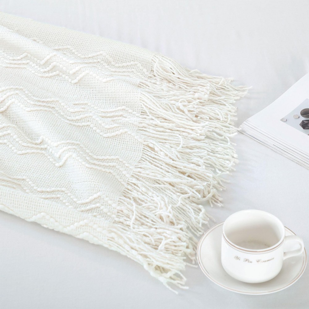 Off White Throw Blanket 50x60 Inches Throw Textured Solid Soft Sofa Couch Dec...