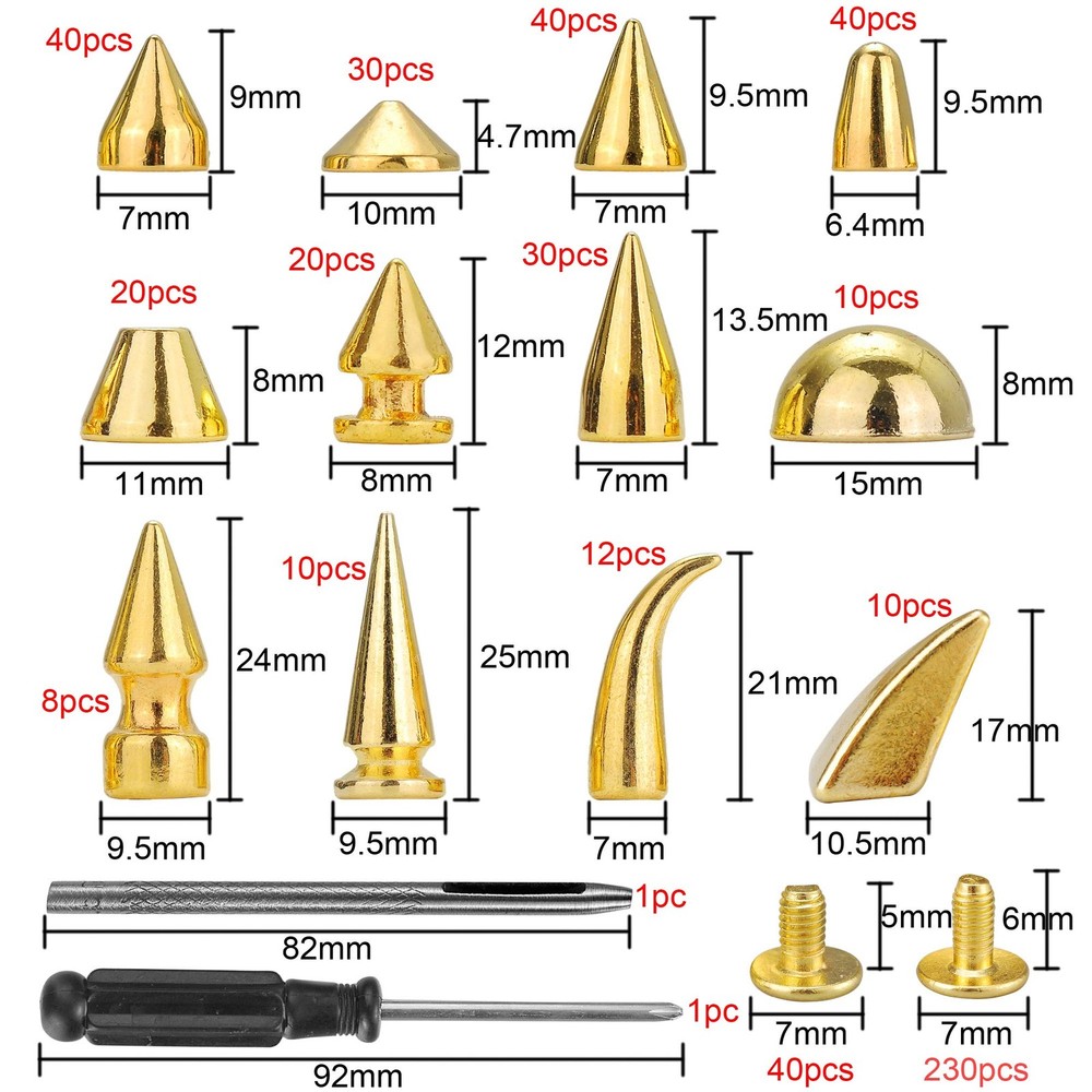 270 PCS Gold Mixed Shape Spikes Studs Screw Back Bullet Cone Rivet Kit Tools