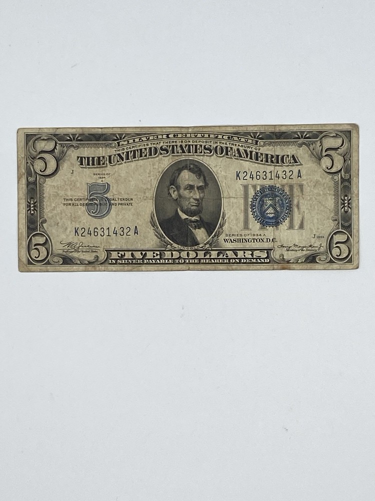 1934 A 5 Five Dollar Silver Certificate Blue Seal Note Banknote