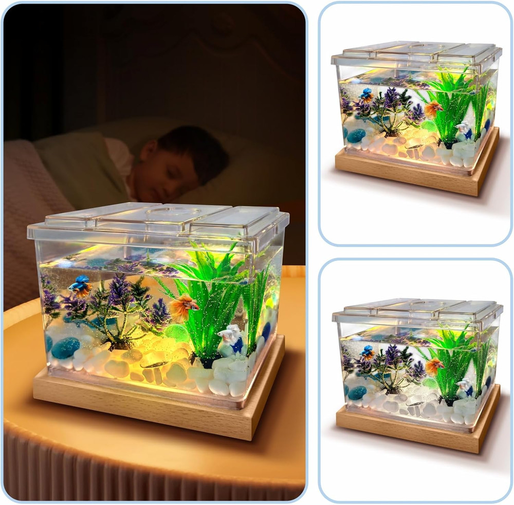Mini Betta Fish Tank Kit with LED Light Base, Small Fish Bowl for Temporary Spac