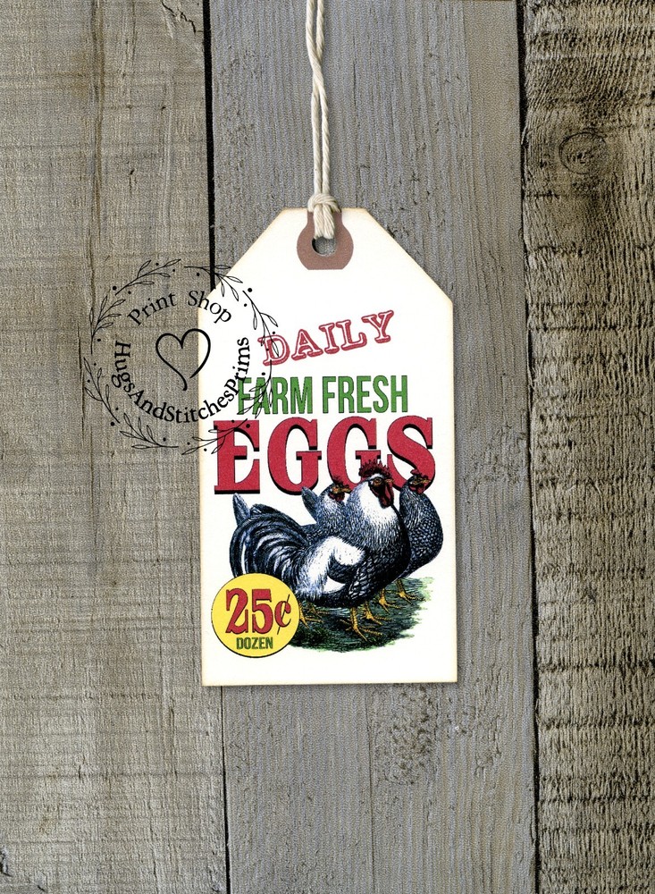 FRESH CHICKEN EGGS FEEDSACK STYLE GIFT or JOURNALING TAGS #1218