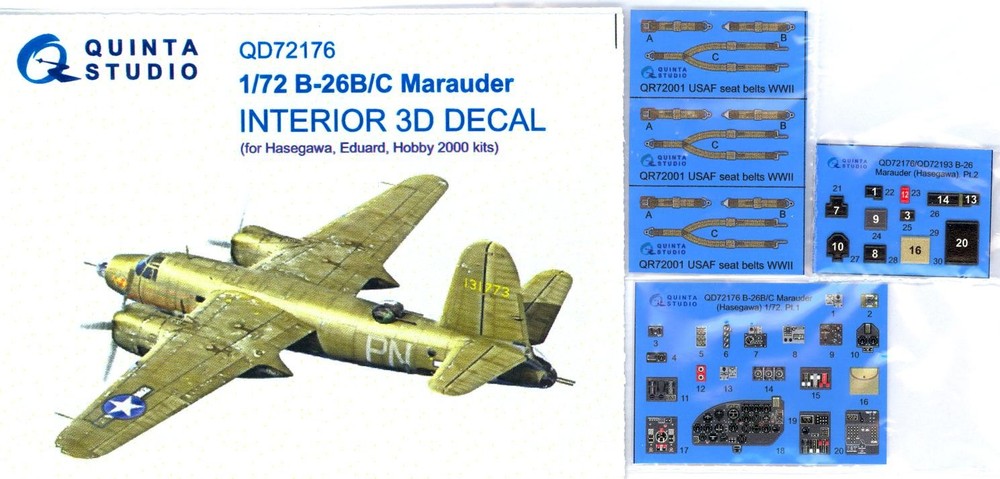 Quinta Studios 1/72 B-26B MARAUDER 3D PRINTED & COLORED INTERIOR SET Hasegawa