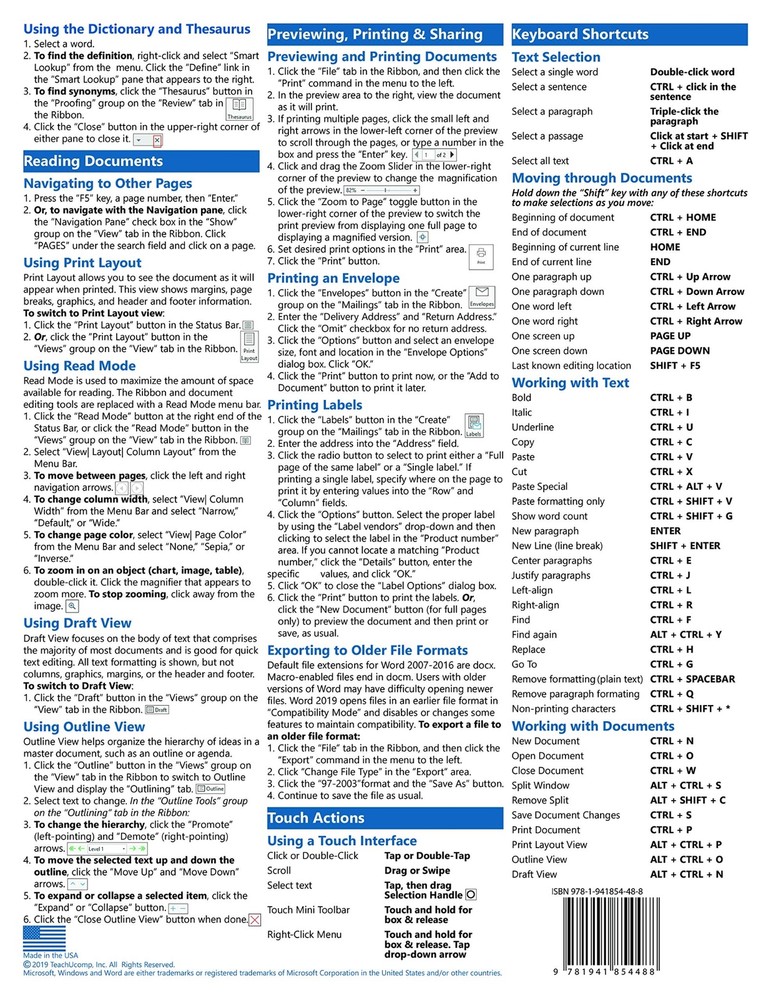 Word 2019 Training Guide Quick Reference Card 4 Page Cheat Sheet Instructions