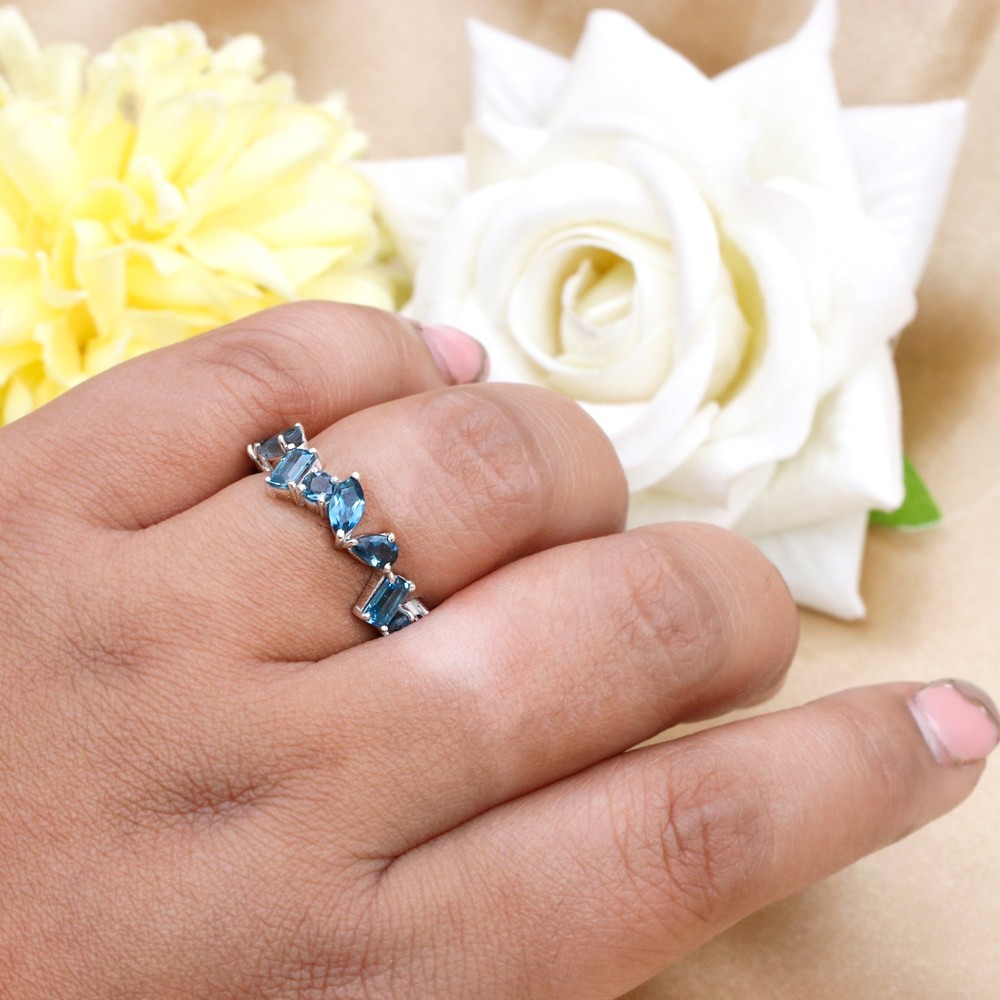 Lab Created Multi Shape London Blue Topaz Ring, Eternity Wedding Ring 925 Silver
