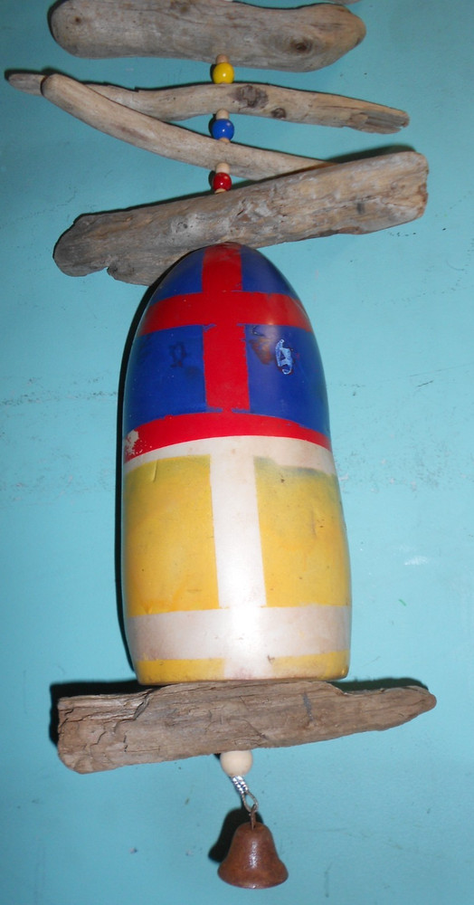 assorted driftwood mobile with buoy float bell handmade size 48"