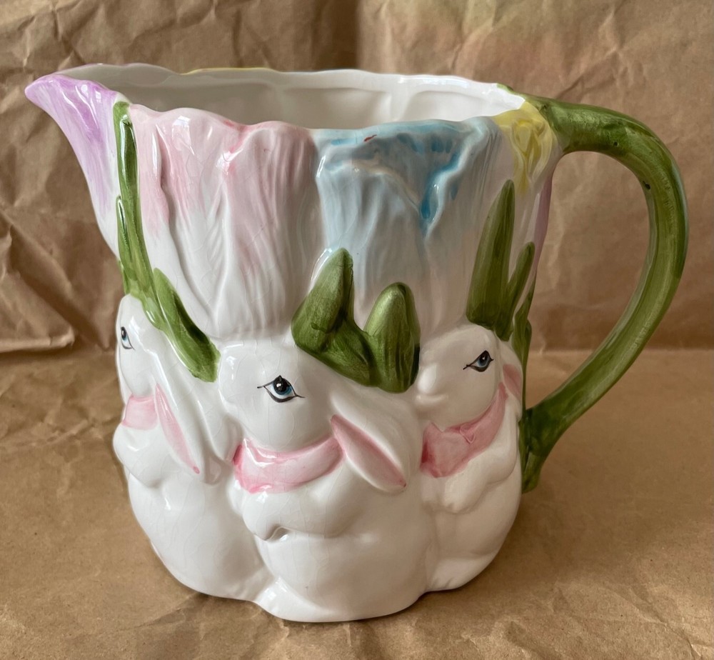 Vintage Ceramic Easter Bunny or Rabbit & Tulips Pitcher, 5.5"Hx7.25"Wx4.5"D