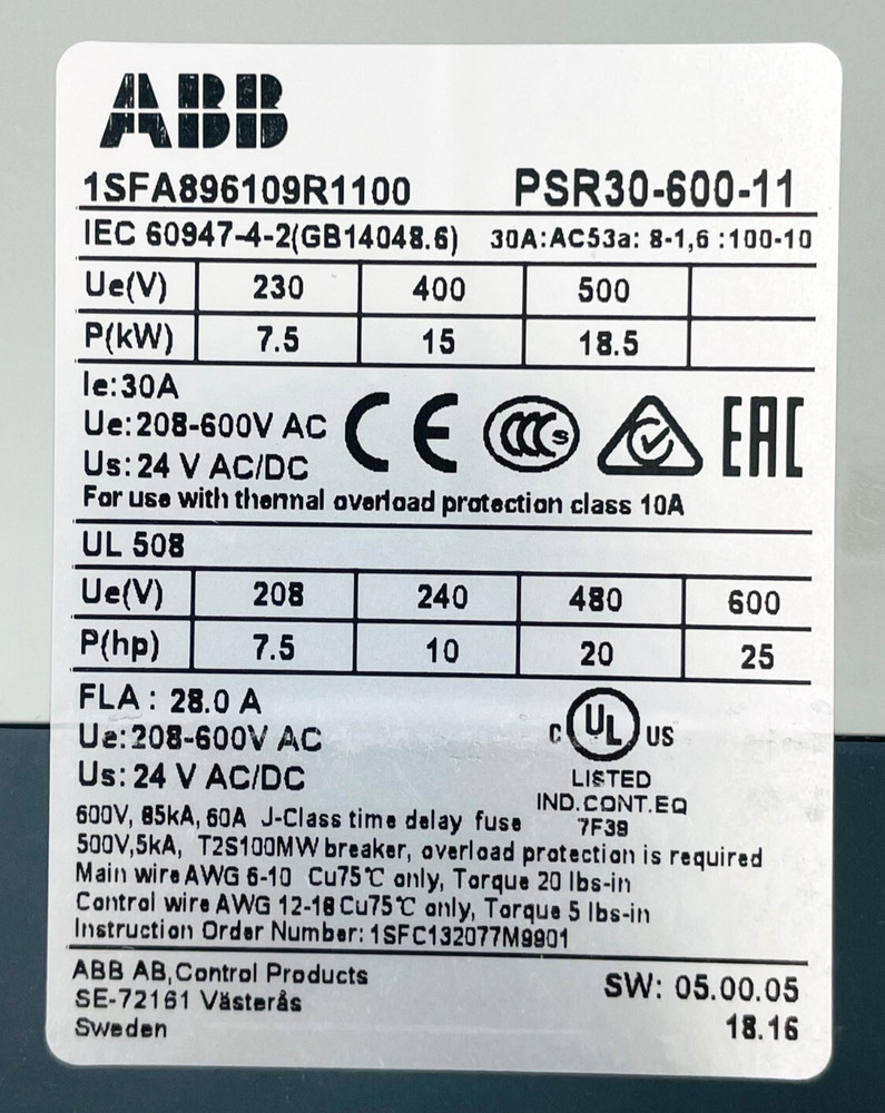 ABB PSR30-600-11 Soft Starter 1SFA896109R1100