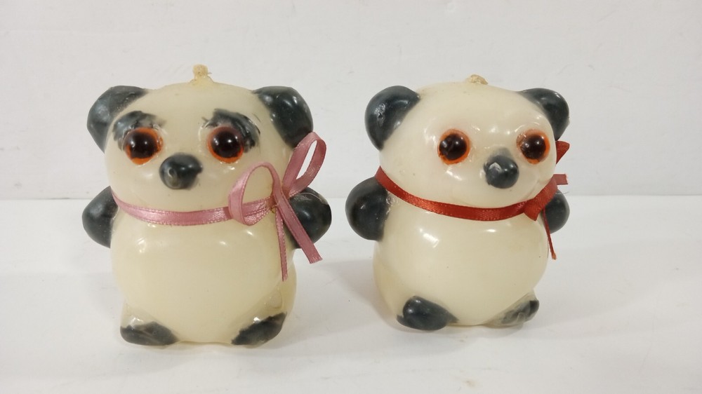 Cute! Vintage Panda Bear Candles Unfired Pair 2"