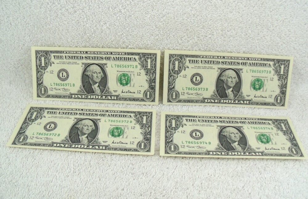2001 Four $1 Federal Reserve Notes Consecutive Serial Numbers Uncirculated