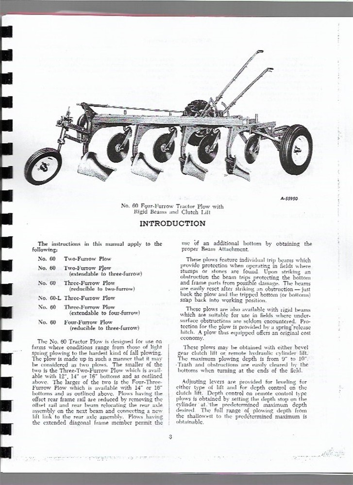 IH International 60 Plow Owners Operators Manual