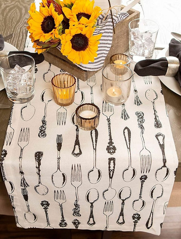 1 Fabric Outdoor Printed Table Runner(14"x72") VINTAGE FLATWARE, SILVERWARE,DII
