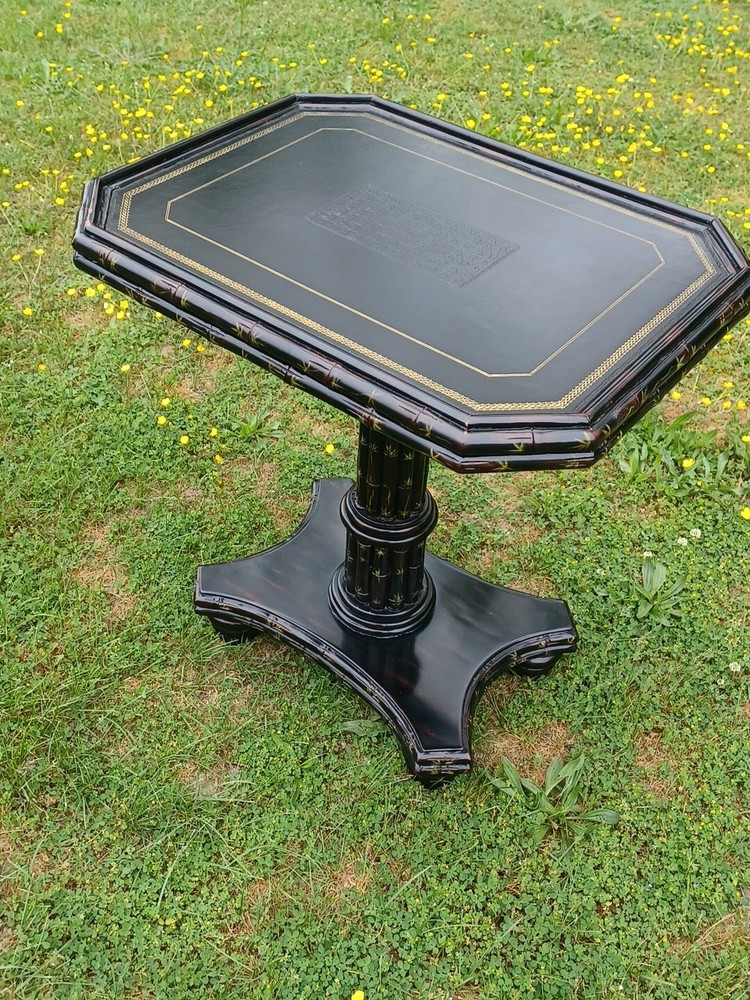Maitland Smith Side Table Ebonized Faux Bamboo Leather Top Hand Painted Table