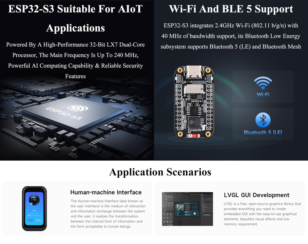 ESP32-S3 1.47inch IPS Touch Display Development Board, 172x320 Resolution, 26...