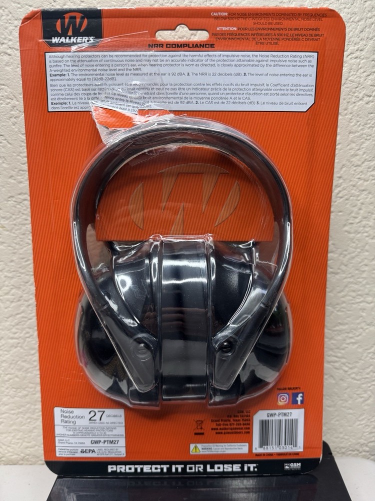 Walkers Max Protec 27 Passive Adjustable Earmuffs (NRR 27dB), Black - Medium