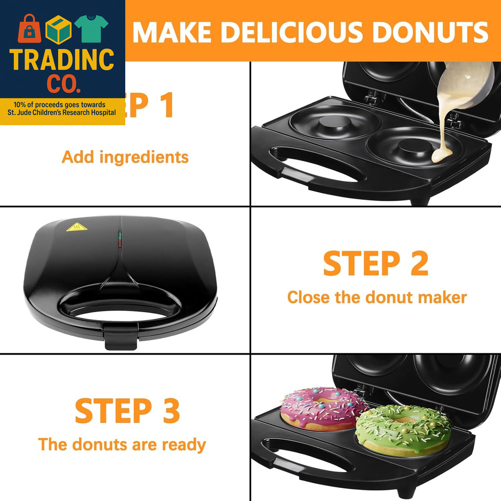 Donut Maker,Doughnut Machine,Bake 2 Donuts,Double-Sided Heating, Non-Stick Surfa